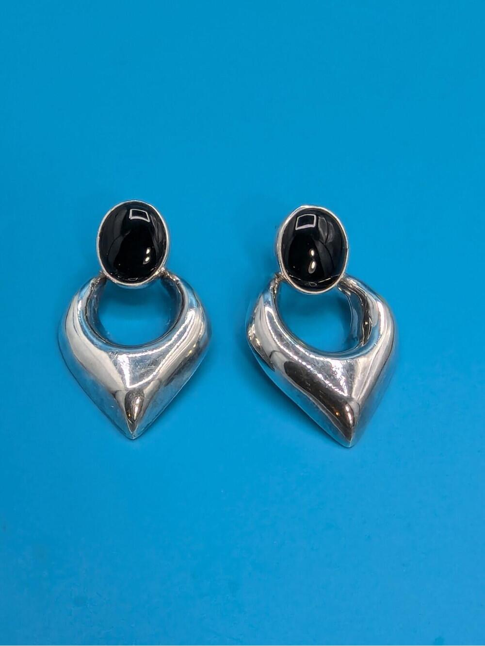 Vintage 925 Sterling Silver Onyx Door Knocker Postback Earrings Articulating